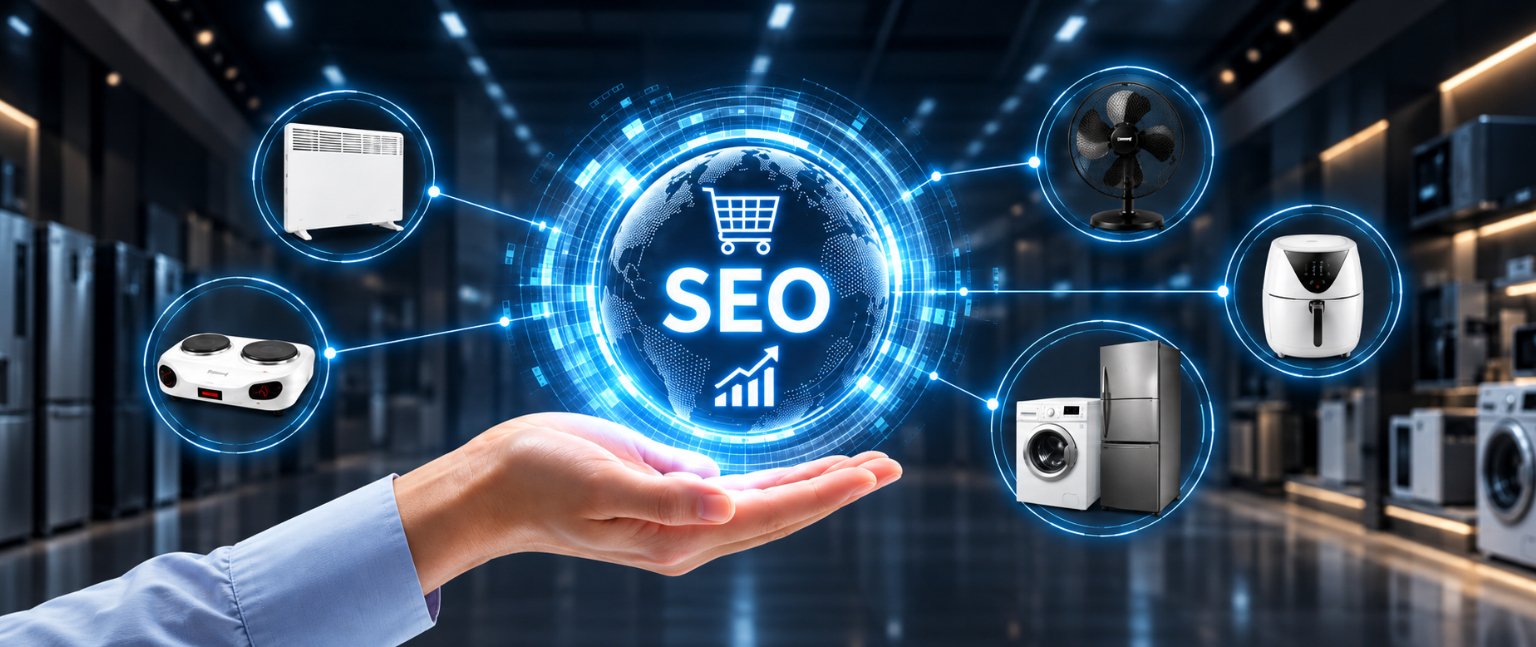 Ψηφιακή απεικόνιση SEO για ηλεκτρονικό εμπόριο ηλεκτρικών συσκευών, με φωτεινό δίκτυο που συνδέει θερμαντικά, ανεμιστήρες, μικροσυσκευές και οικιακές συσκευές.