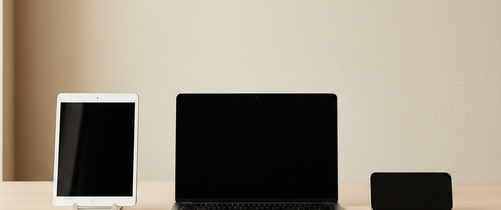 Σύγχρονος επαγγελματικός χώρος με laptop, tablet και κινητό που συμβολίζει την πολυκαναλική επικοινωνία στα καταστήματα ηλεκτρικών ειδών